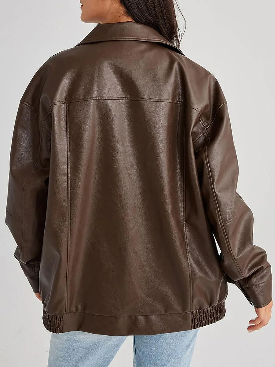 Women's Oversized Leather Bomber Jacket with Zipper Front – Casual Street Style Coats for Effortless Layering