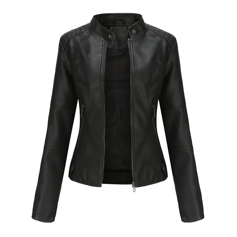 Women's PU Leather Jacket with Mandarin Collar – Stylish and Comfortable Leather Coat for Everyday Wear