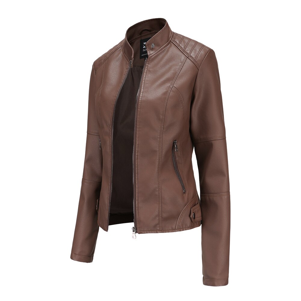 Women's PU Leather Jacket with Mandarin Collar – Stylish and Comfortable Leather Coat for Everyday Wear