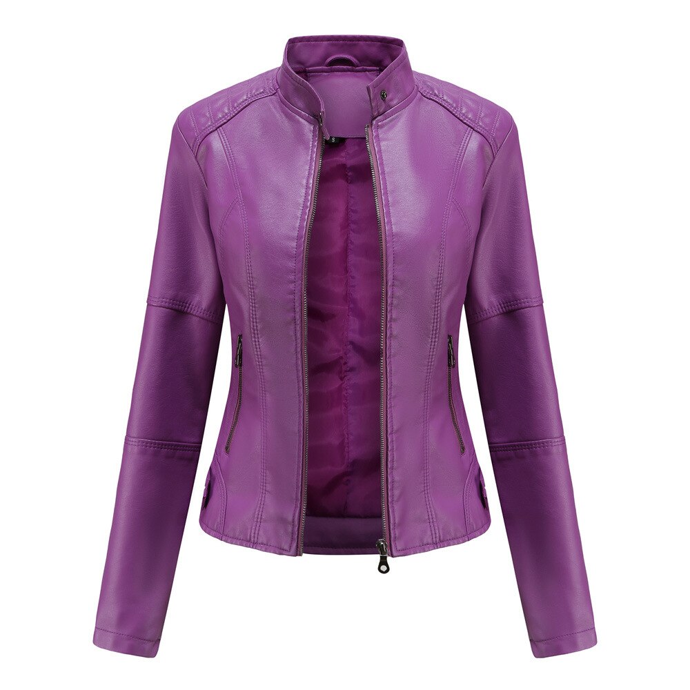 Women's PU Leather Jacket with Mandarin Collar – Stylish and Comfortable Leather Coat for Everyday Wear