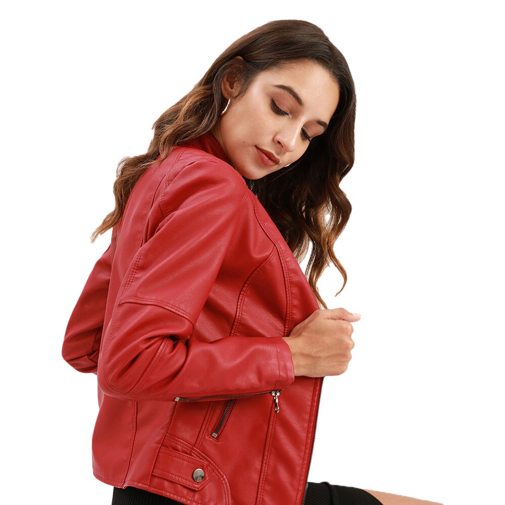 Women's PU Leather Jacket with Mandarin Collar – Stylish and Comfortable Leather Coat for Everyday Wear
