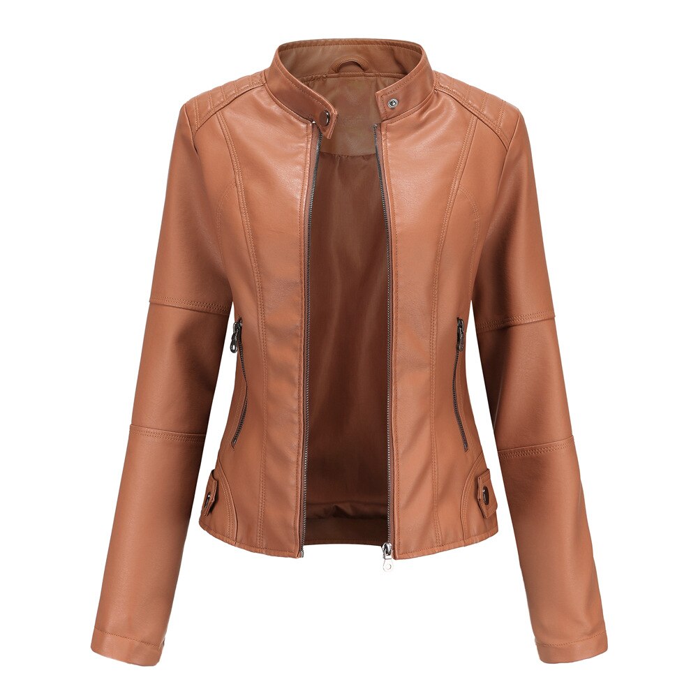 Women's PU Leather Jacket with Mandarin Collar – Stylish and Comfortable Leather Coat for Everyday Wear