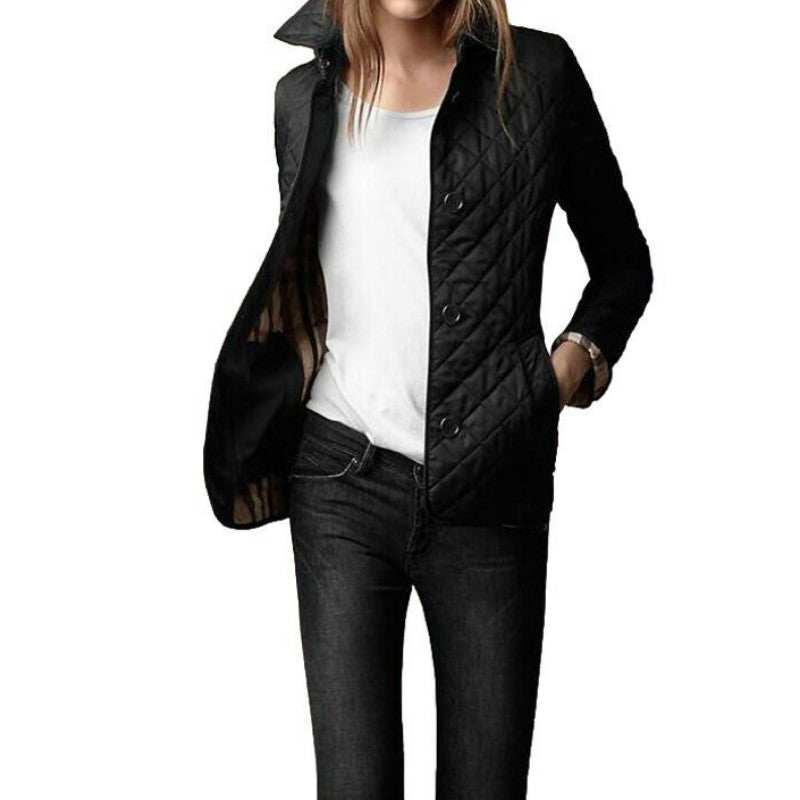 Women's Quilted Jacket with Button-Up Design and Checked Cuffs – Tailored Fit for Smart-Casual Wear