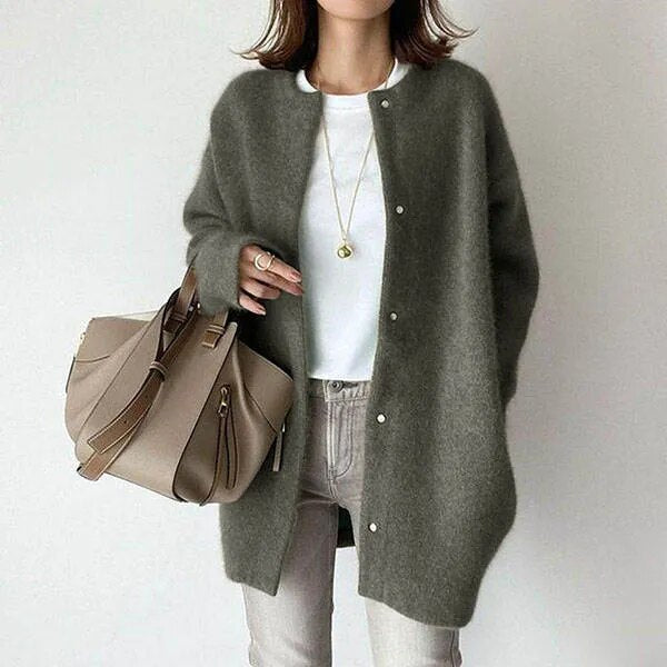 Women's White Knitted Cardigan Sweater with Button Closure - Elegant, Comfortable, Relaxed Fit for Casual or Work Settings