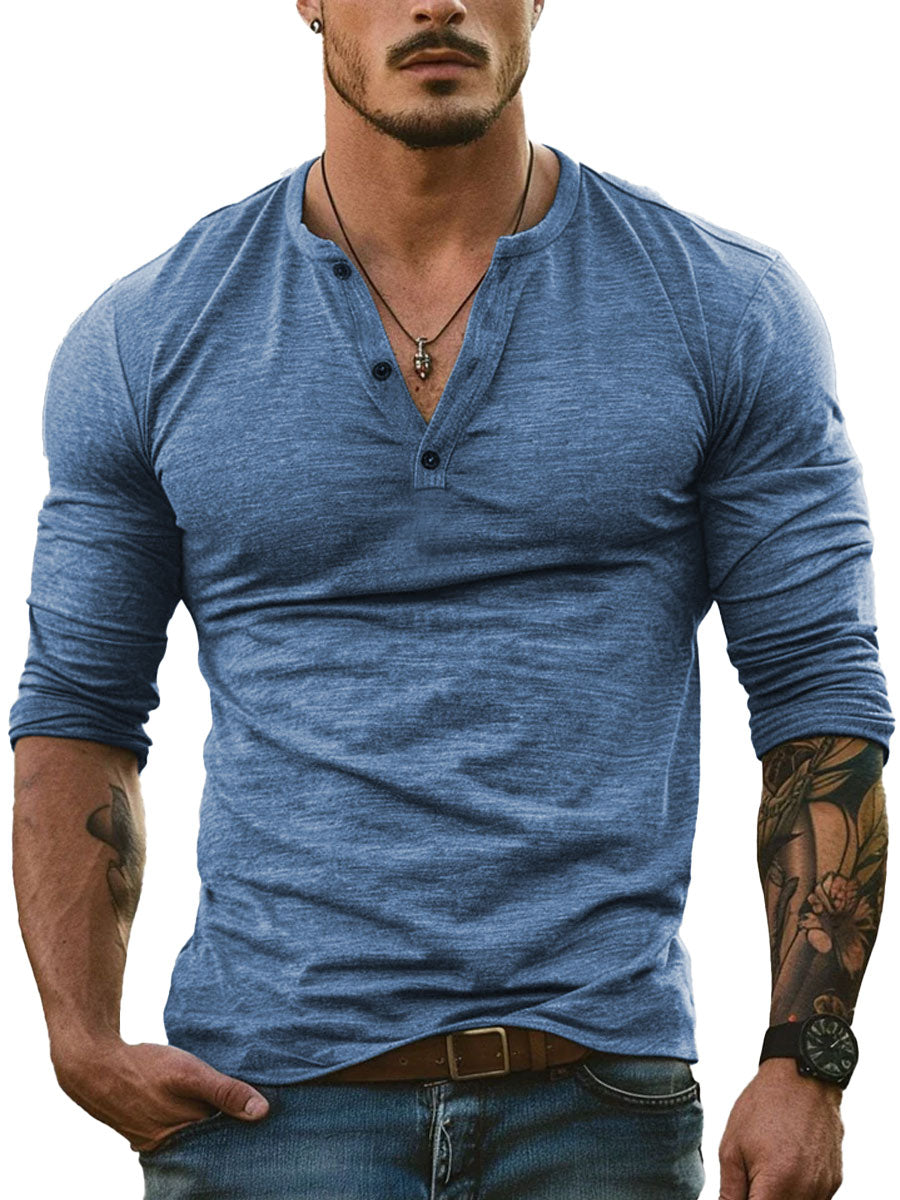 Men's Henley Collar All-Match Casual Long-Sleeved T-Shirt