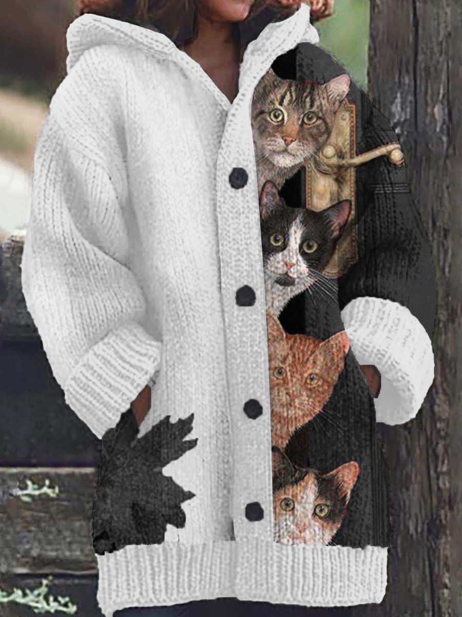 Casual Hooded Cat Pattern Cardigan for Women