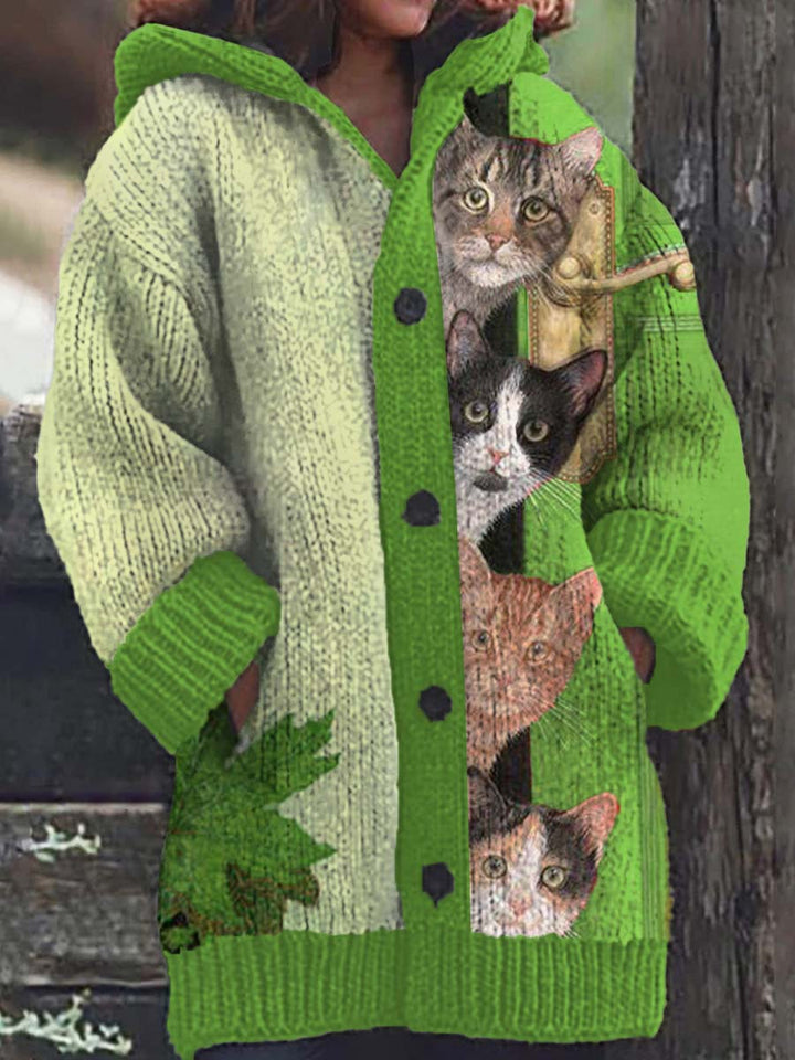 Casual Hooded Cat Pattern Cardigan for Women