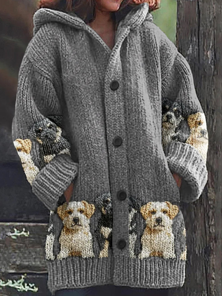 Cute Retro Pet Print Button-Up Thick Long Sleeve Hooded Cardigan