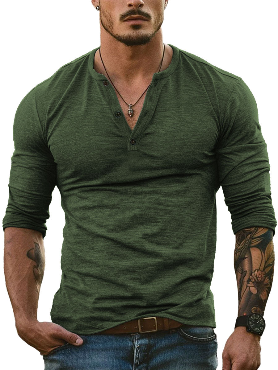 Men's Henley Collar All-Match Casual Long-Sleeved T-Shirt