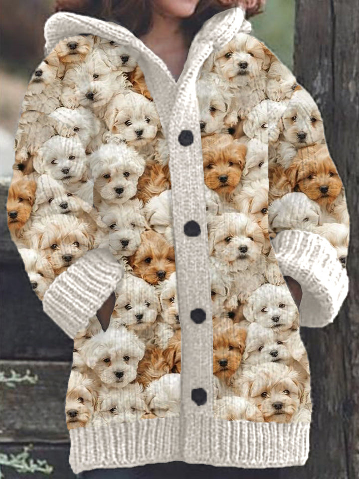 Cute Retro Pet Print Thick Long Sleeve Hooded Cardigan