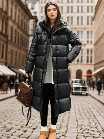 Black Long Puffer Jacket for Women - Stylish Winter Coat with Relaxed Fit and Extra Warmth