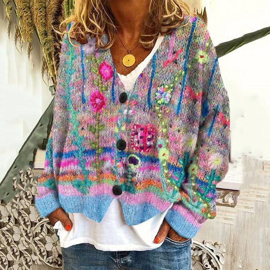 Bohemian Dream Cardigan for Women - Vibrant Multi-Hued V-Neck Button-Up Sweater in Soft Stretchy Fabric