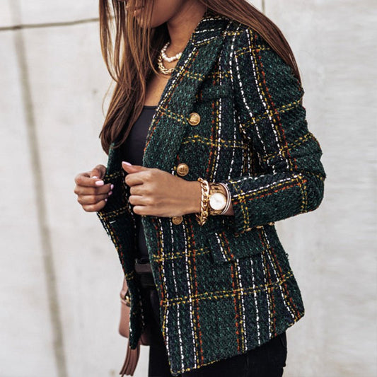 Classic Check Blazer with Double-Breasted Closure – Structured Fit, Long Sleeves, Versatile for All Seasons