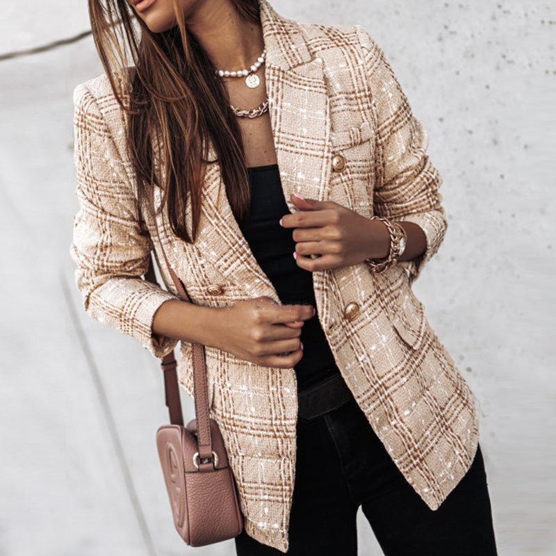 Classic Check Blazer with Double-Breasted Closure – Structured Fit, Long Sleeves, Versatile for All Seasons