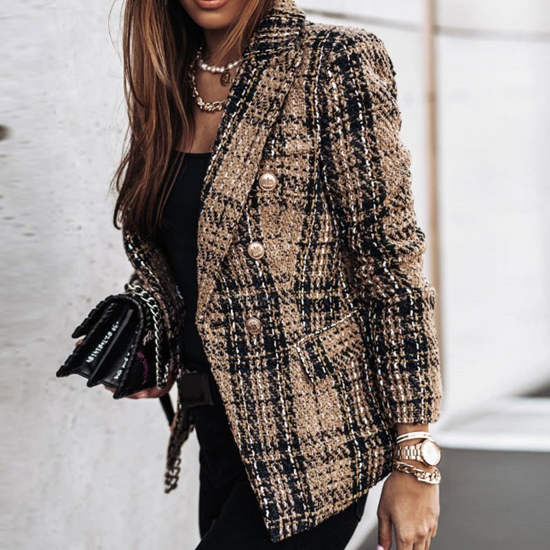 Classic Check Blazer with Double-Breasted Closure – Structured Fit, Long Sleeves, Versatile for All Seasons