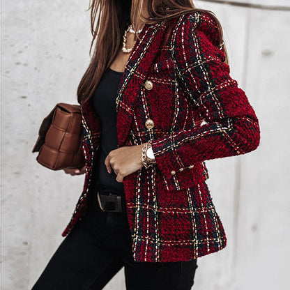 Classic Check Blazer with Double-Breasted Closure – Structured Fit, Long Sleeves, Versatile for All Seasons
