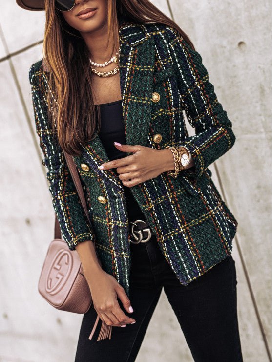 Classic Check Blazer with Double-Breasted Closure – Structured Fit, Long Sleeves, Versatile for All Seasons