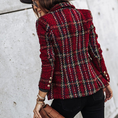 Classic Check Blazer with Double-Breasted Closure – Structured Fit, Long Sleeves, Versatile for All Seasons