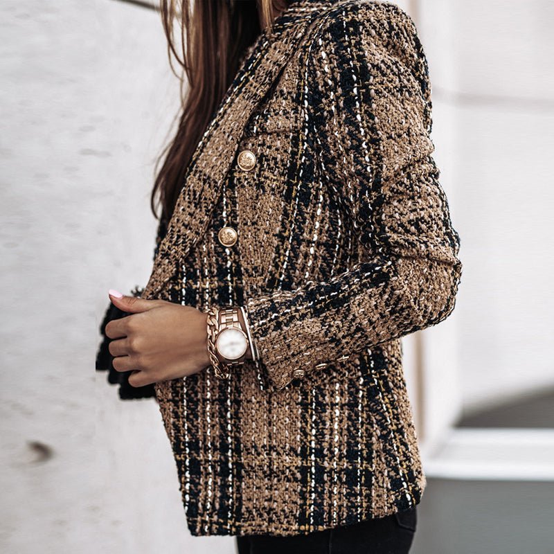 Classic Check Blazer with Double-Breasted Closure – Structured Fit, Long Sleeves, Versatile for All Seasons