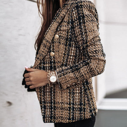 Classic Check Blazer with Double-Breasted Closure – Structured Fit, Long Sleeves, Versatile for All Seasons