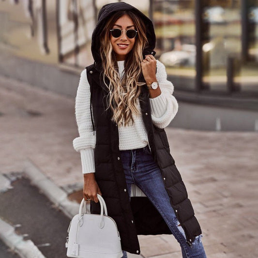 Cotton Quilted Puffer Vest for Women - Sleeveless Longline Design with Stand-Up Collar and Zip Closure