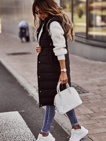Cotton Quilted Puffer Vest for Women - Sleeveless Longline Design with Stand-Up Collar and Zip Closure