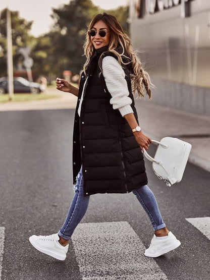 Cotton Quilted Puffer Vest for Women - Sleeveless Longline Design with Stand-Up Collar and Zip Closure