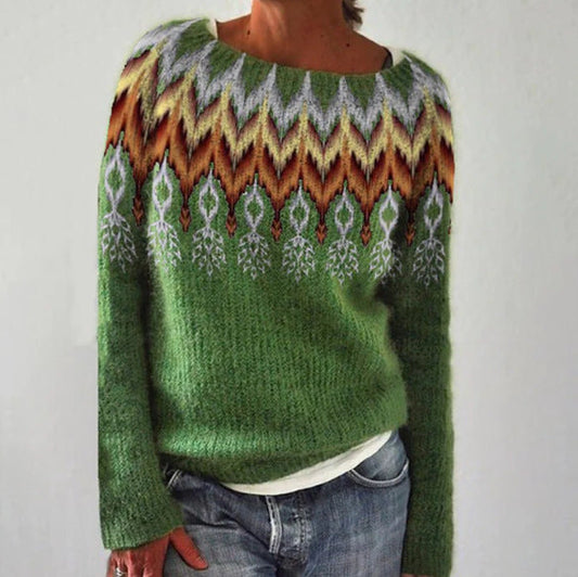 Cozy Artistic Patterned Knit Sweater for Women - Relaxed Fit, Crew Neck, Soft Touch Fabric
