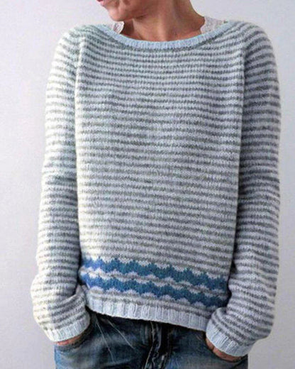 Cozy Artistic Patterned Knit Sweater for Women - Relaxed Fit, Crew Neck, Soft Touch Fabric