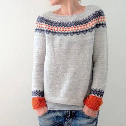 Cozy Artistic Patterned Knit Sweater for Women - Relaxed Fit, Crew Neck, Soft Touch Fabric