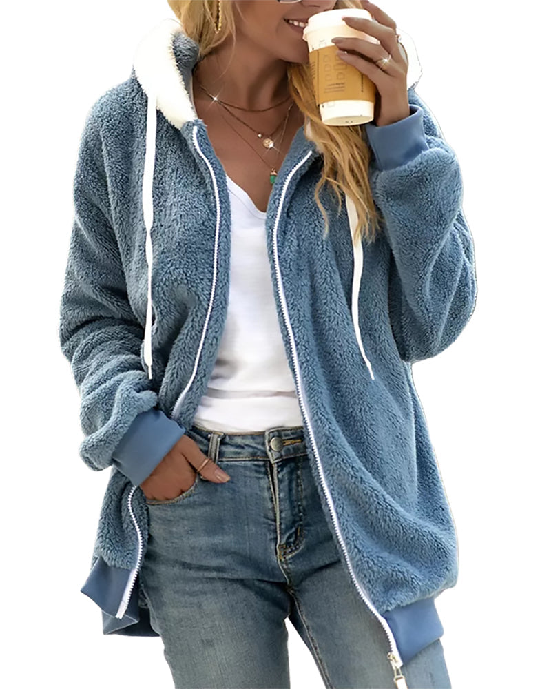 Cozy Fleece Zip Hoodie with Adjustable Drawstring Hood – Warm Plush Jacket for Cold Weather, Relaxed Fit