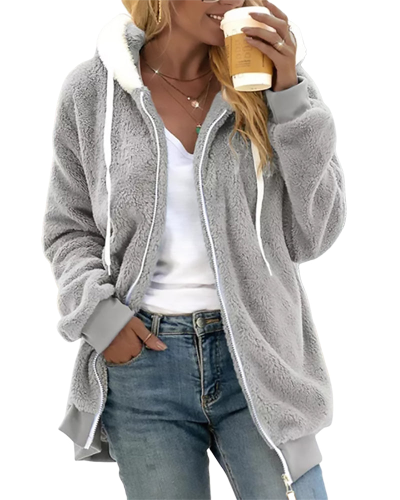 Cozy Fleece Zip Hoodie with Adjustable Drawstring Hood – Warm Plush Jacket for Cold Weather, Relaxed Fit