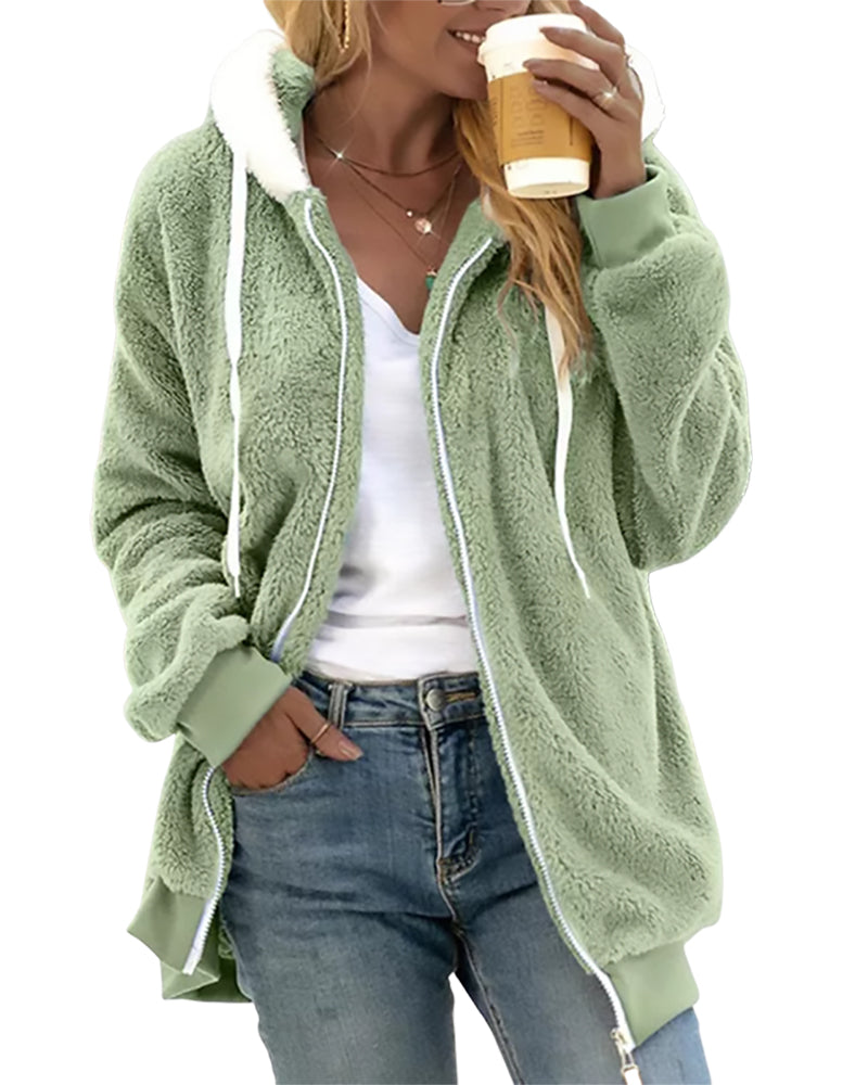 Cozy Fleece Zip Hoodie with Adjustable Drawstring Hood – Warm Plush Jacket for Cold Weather, Relaxed Fit