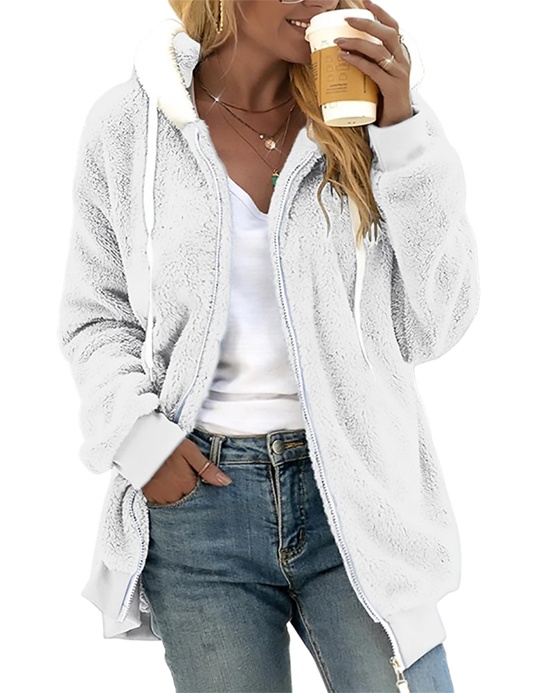 Cozy Fleece Zip Hoodie with Adjustable Drawstring Hood – Warm Plush Jacket for Cold Weather, Relaxed Fit