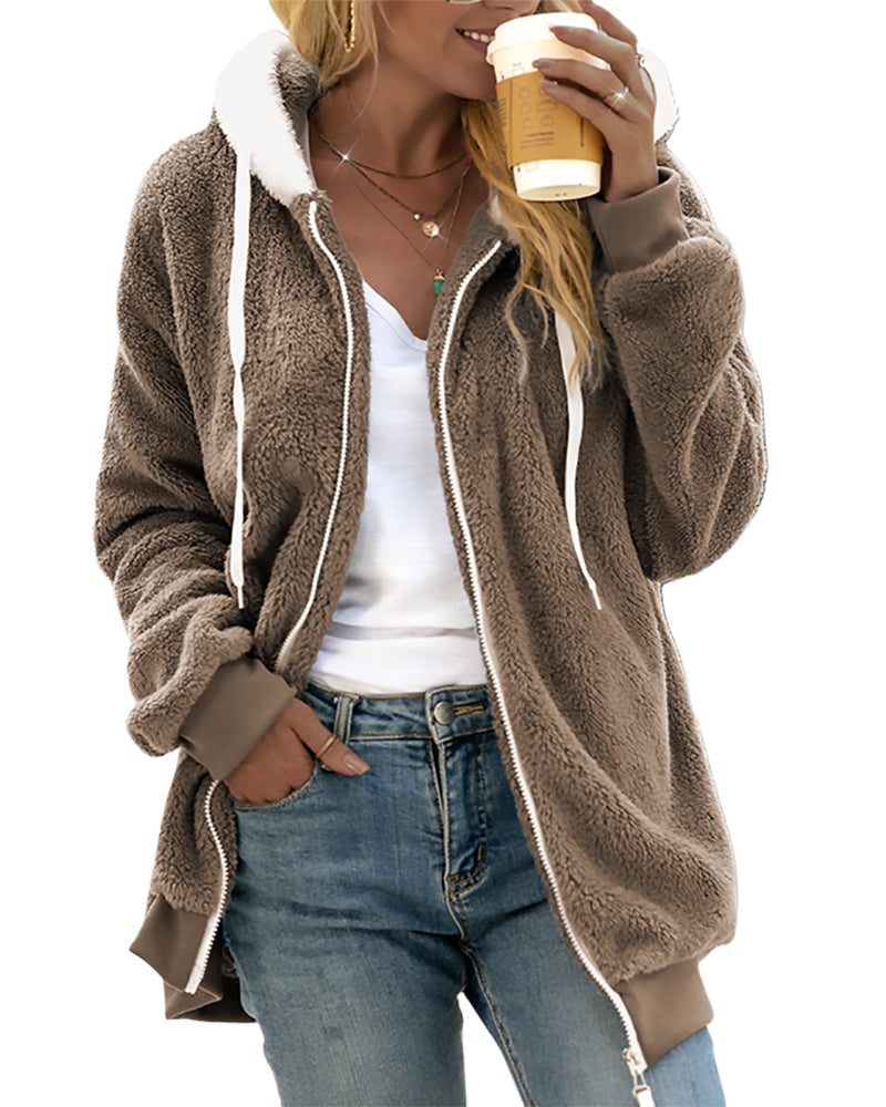 Cozy Fleece Zip Hoodie with Adjustable Drawstring Hood – Warm Plush Jacket for Cold Weather, Relaxed Fit