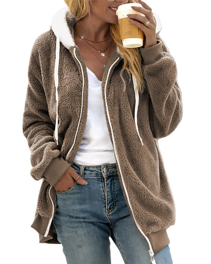 Cozy Fleece Zip Hoodie with Adjustable Drawstring Hood – Warm Plush Jacket for Cold Weather, Relaxed Fit