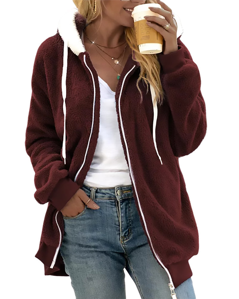 Cozy Fleece Zip Hoodie with Adjustable Drawstring Hood – Warm Plush Jacket for Cold Weather, Relaxed Fit