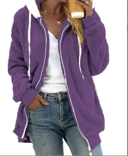 Cozy Fleece Zip Hoodie with Adjustable Drawstring Hood – Warm Plush Jacket for Cold Weather, Relaxed Fit