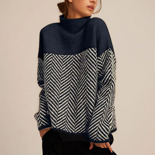 Cozy Herringbone Knit Sweater for Women with Stand-Up Collar – Relaxed Fit, Two-Tone Design, Perfect for Fall and Winter