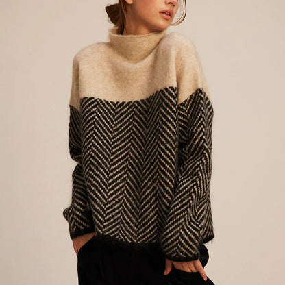 Cozy Herringbone Knit Sweater for Women with Stand-Up Collar – Relaxed Fit, Two-Tone Design, Perfect for Fall and Winter