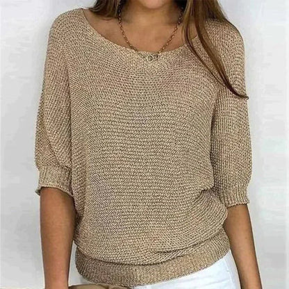 Cozy Women's Pullover Sweater with Textured Knit and Relaxed Fit – Half-Length Sleeves, Wide Crew Neck