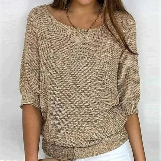 Cozy Women's Pullover Sweater with Textured Knit and Relaxed Fit – Half-Length Sleeves, Wide Crew Neck