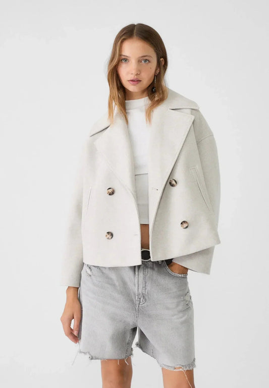 Cropped Women's Double-Breasted Winter Jacket with Wide Lapels – Stylish and Cozy Outerwear for Women
