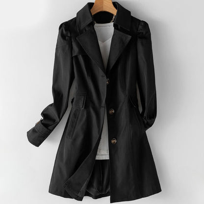 Elegant Black Trench Coat Women – Premium Cotton-Poly Blend, Stylish Lapel Collar, Button Closure, Timeless Design