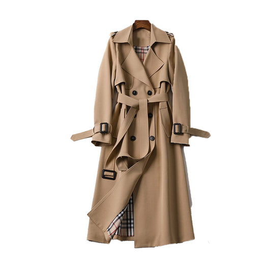 Elegant Ladies Double-Breasted Trench Coat – Long Black Coat for Women with Adjustable Waist Tie and Premium Fabric