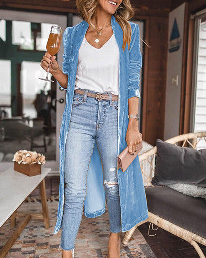 Elegant Long Velvet Duster Cardigan for Women - Lightweight Open Front, Relaxed Fit for Fall/Winter
