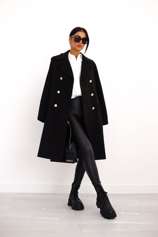 Elegant Women's Double-Breasted Long Winter Coat with Gold Button Accents and Structured Silhouette
