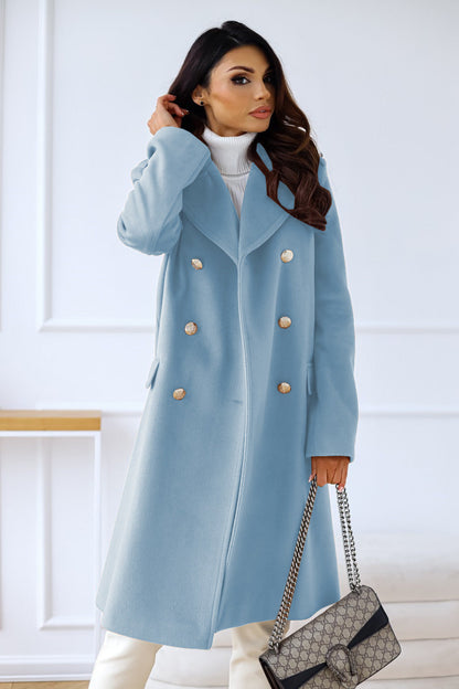 Elegant Women's Double-Breasted Long Winter Coat with Gold Button Accents and Structured Silhouette