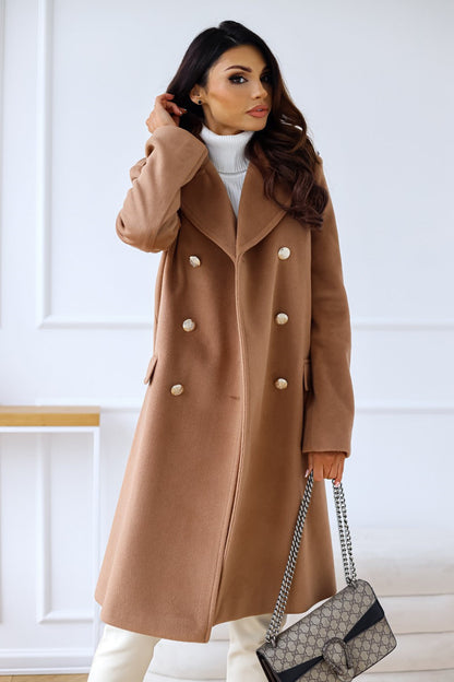 Elegant Women's Double-Breasted Long Winter Coat with Gold Button Accents and Structured Silhouette