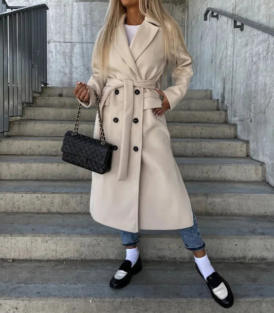 Elegant Women's Double-Breasted Winter Coat with Waist Belt – Full-Length Stylish Winter Coats for Cold Weather